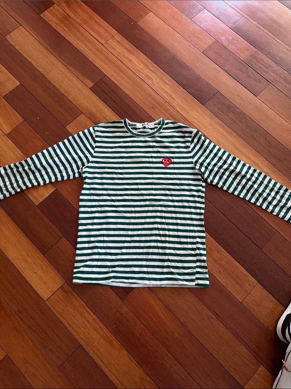 Comme des Garcons Green and White Striped Long-Sleeve Tee with Red Heart Patch